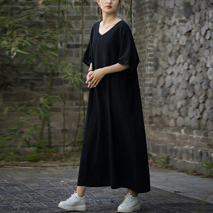 Sukienka midi z ramią lnianą z dekoltem w serek i kieszeniami Buddha Stones w jednolitym kolorze z krótkim rękawem - image 14