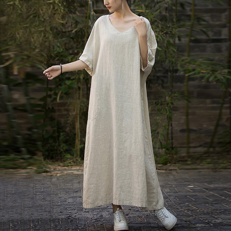 Sukienka midi z ramią lnianą z dekoltem w serek i kieszeniami Buddha Stones w jednolitym kolorze z krótkim rękawem - image 9