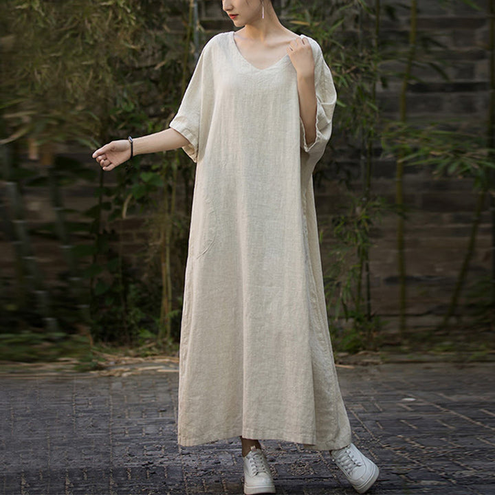 Sukienka midi z ramią lnianą z dekoltem w serek i kieszeniami Buddha Stones w jednolitym kolorze z krótkim rękawem - image 9