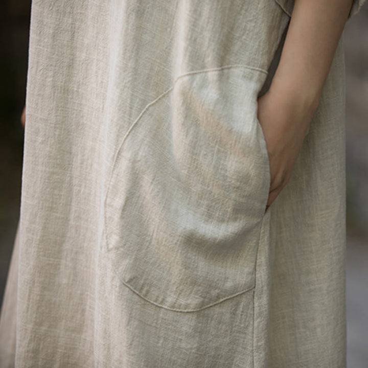 Sukienka midi z ramią lnianą z dekoltem w serek i kieszeniami Buddha Stones w jednolitym kolorze z krótkim rękawem - image 4