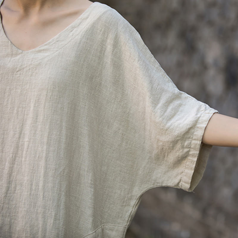 Sukienka midi z ramią lnianą z dekoltem w serek i kieszeniami Buddha Stones w jednolitym kolorze z krótkim rękawem - image 3