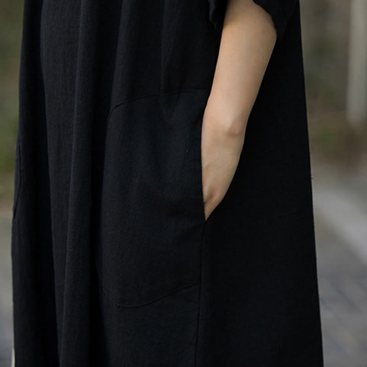 Sukienka midi z ramią lnianą z dekoltem w serek i kieszeniami Buddha Stones w jednolitym kolorze z krótkim rękawem - image 16