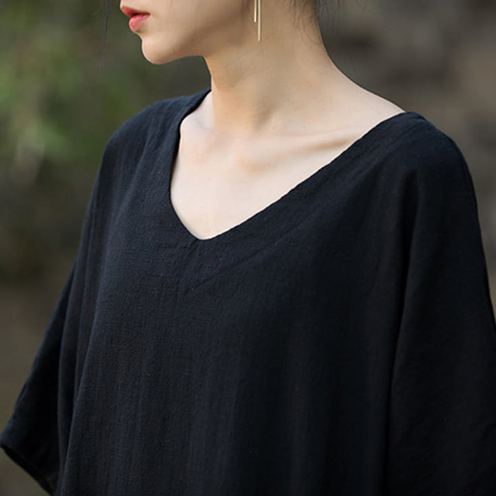 Sukienka midi z ramią lnianą z dekoltem w serek i kieszeniami Buddha Stones w jednolitym kolorze z krótkim rękawem - image 15