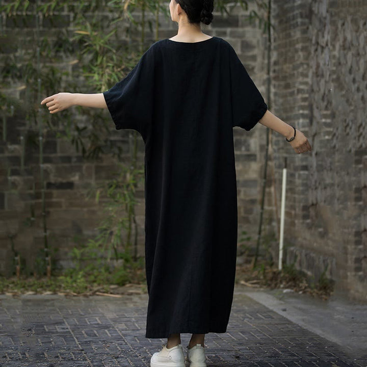 Sukienka midi z ramią lnianą z dekoltem w serek i kieszeniami Buddha Stones w jednolitym kolorze z krótkim rękawem - image 12