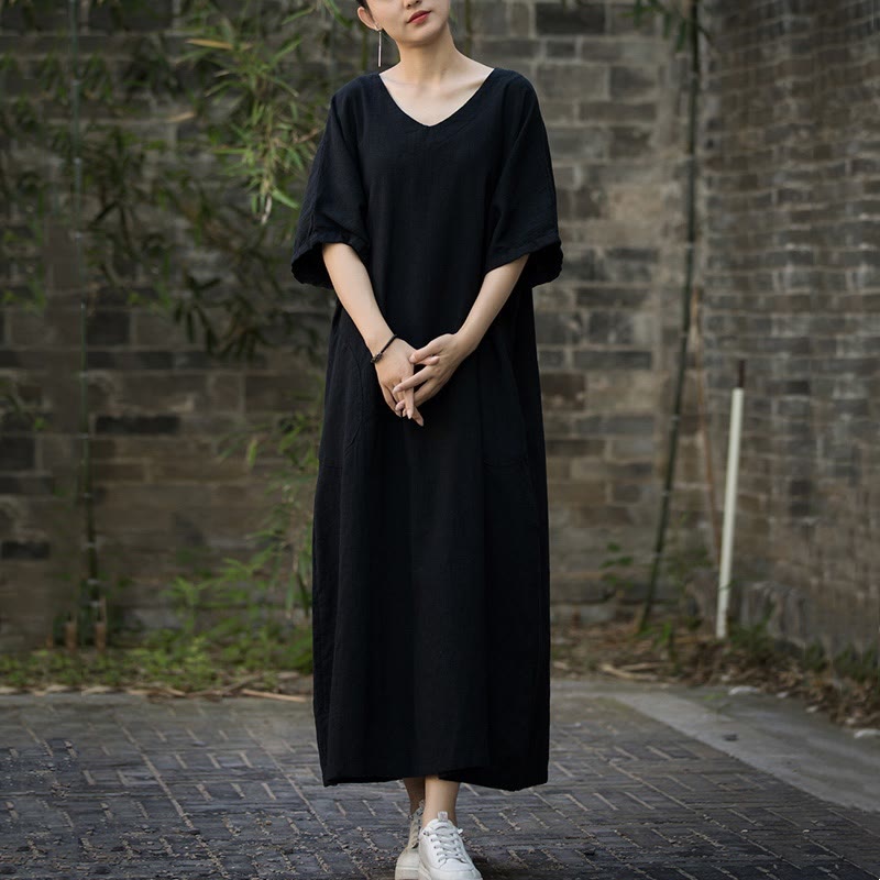 Sukienka midi z ramią lnianą z dekoltem w serek i kieszeniami Buddha Stones w jednolitym kolorze z krótkim rękawem - image 18