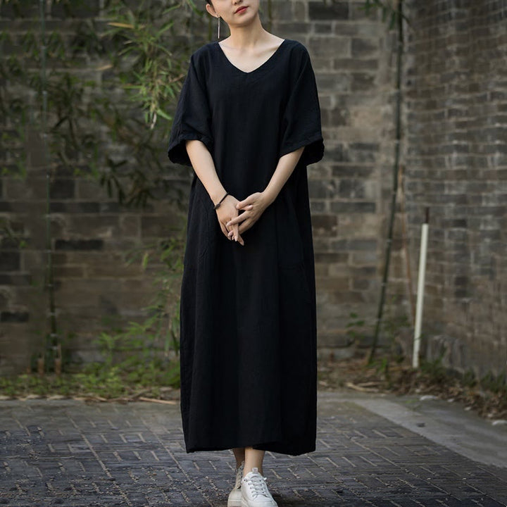 Sukienka midi z ramią lnianą z dekoltem w serek i kieszeniami Buddha Stones w jednolitym kolorze z krótkim rękawem - image 18