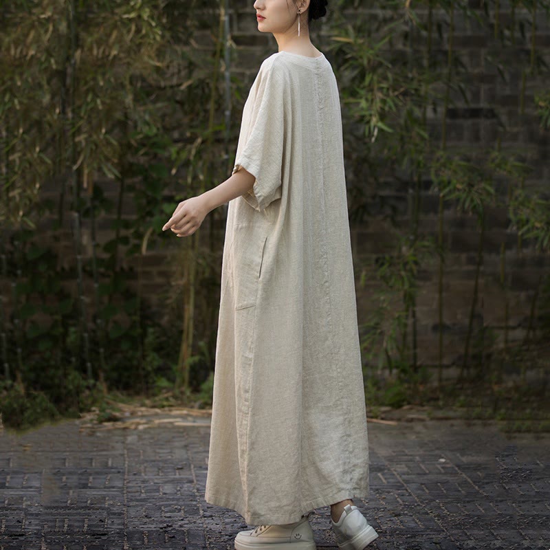 Sukienka midi z ramią lnianą z dekoltem w serek i kieszeniami Buddha Stones w jednolitym kolorze z krótkim rękawem - image 2