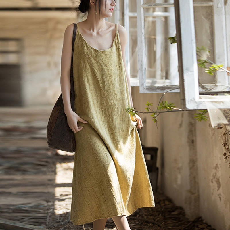 Sukienka midi z ramiączkami z lnianego materiału Tie Dye w Buddha Stones Summer Spaghetti Strap, wykonana ręcznie - image 1