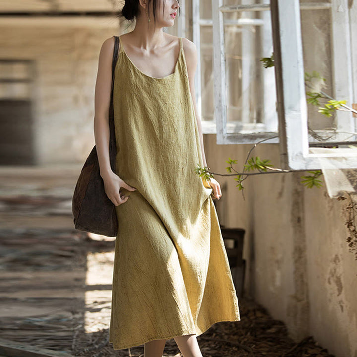 Sukienka midi z ramiączkami z lnianego materiału Tie Dye w Buddha Stones Summer Spaghetti Strap, wykonana ręcznie - image 1