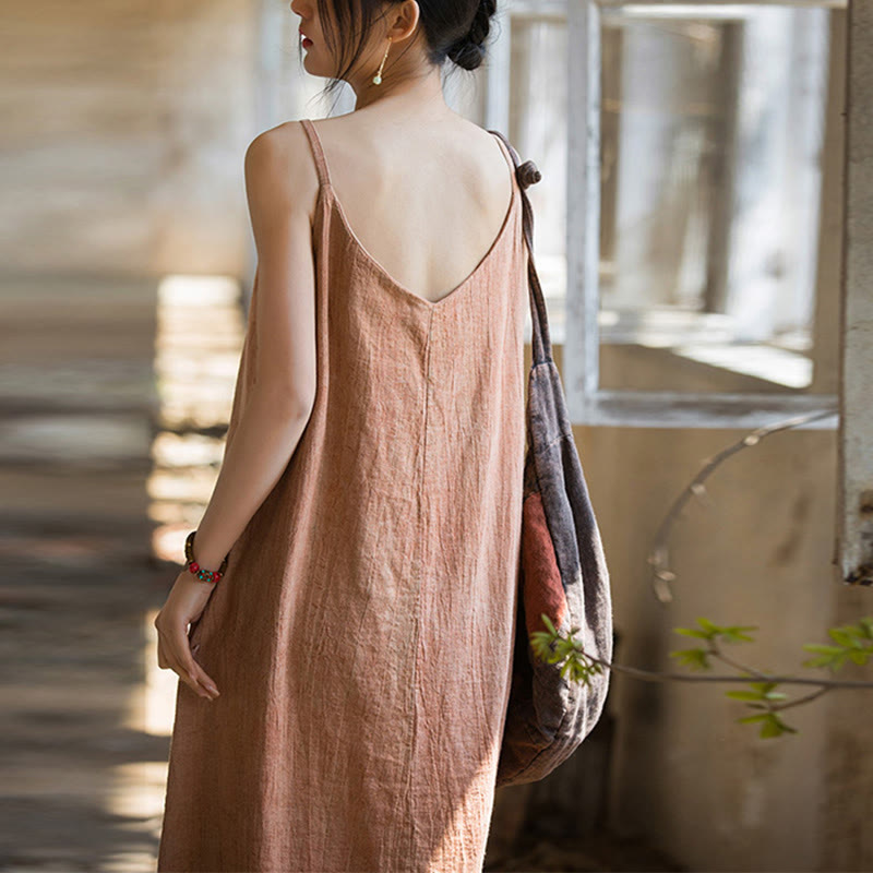 Sukienka midi z ramiączkami z lnianego materiału Tie Dye w Buddha Stones Summer Spaghetti Strap, wykonana ręcznie - image 14