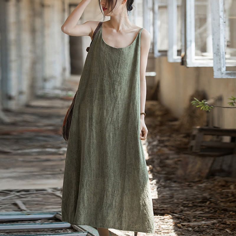 Sukienka midi z ramiączkami z lnianego materiału Tie Dye w Buddha Stones Summer Spaghetti Strap, wykonana ręcznie - image 11