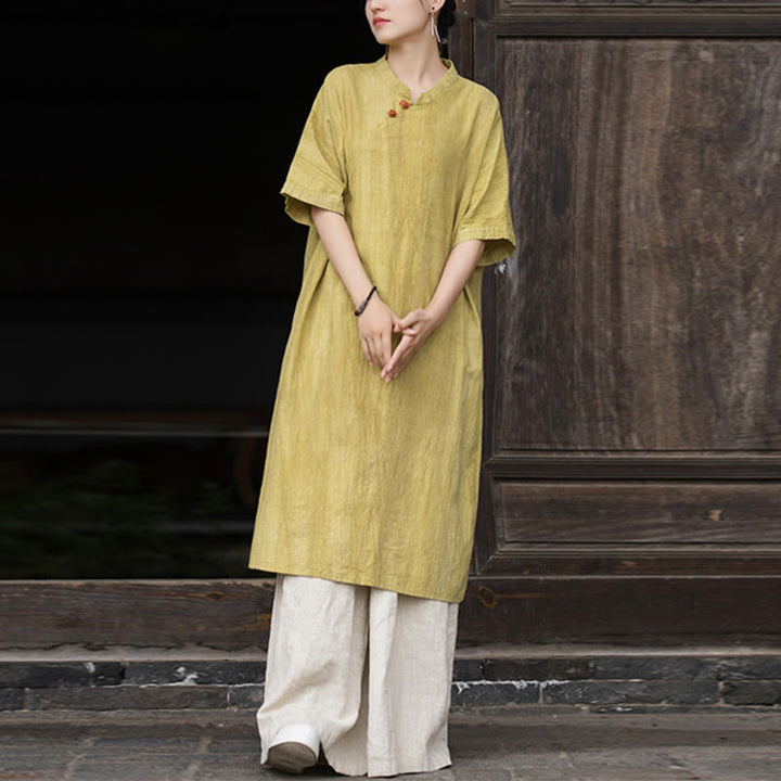 Buddha Stones Ręcznie Farbowane Tie Dye Ramie Len Midi Sukienka Szerokie Spodnie Nogawki Z Kieszeniami - image 6