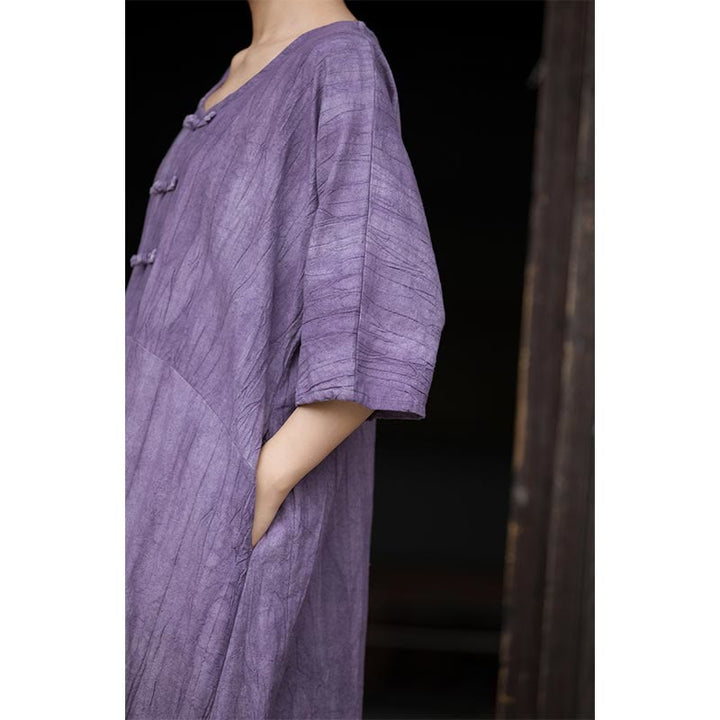 Buddha Stones Ręcznie Farbowane Tie Dye Ramie Len Żaba-Guzik Sukienka Midi Szerokie Spodnie Nogawki Z Kieszeniami - image 12