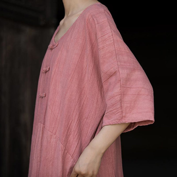 Buddha Stones Ręcznie Farbowane Tie Dye Ramie Len Żaba-Guzik Sukienka Midi Szerokie Spodnie Nogawki Z Kieszeniami - image 20