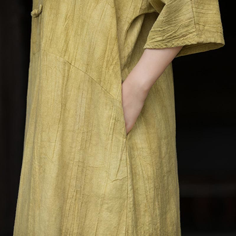 Buddha Stones Ręcznie Farbowane Tie Dye Ramie Len Żaba-Guzik Sukienka Midi Szerokie Spodnie Nogawki Z Kieszeniami - image 30