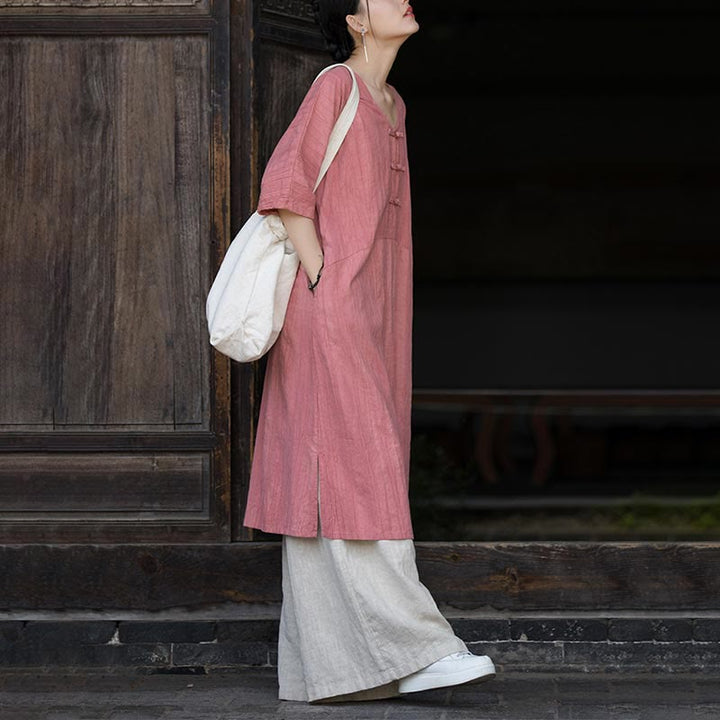 Buddha Stones Ręcznie Farbowane Tie Dye Ramie Len Żaba-Guzik Sukienka Midi Szerokie Spodnie Nogawki Z Kieszeniami - image 15