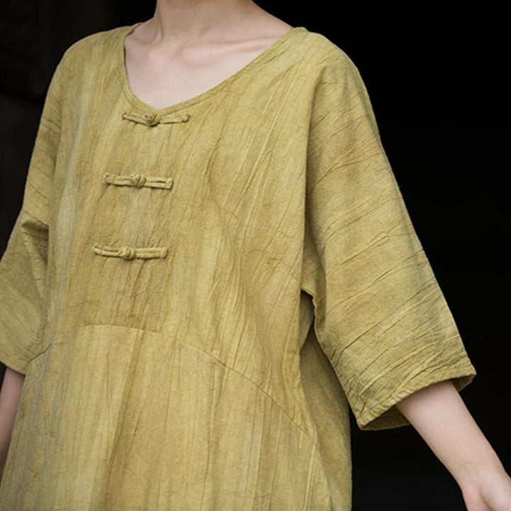 Buddha Stones Ręcznie Farbowane Tie Dye Ramie Len Żaba-Guzik Sukienka Midi Szerokie Spodnie Nogawki Z Kieszeniami - image 29