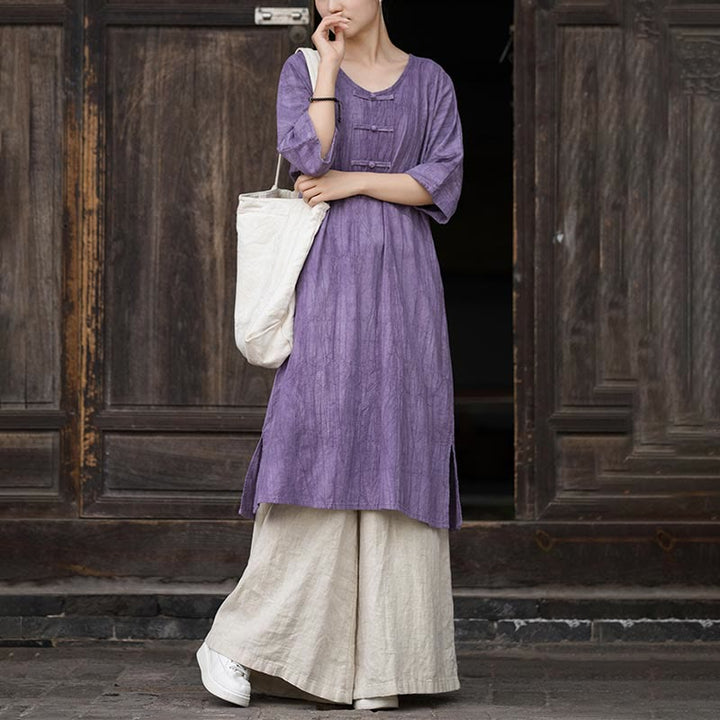 Buddha Stones Ręcznie Farbowane Tie Dye Ramie Len Żaba-Guzik Sukienka Midi Szerokie Spodnie Nogawki Z Kieszeniami - image 4