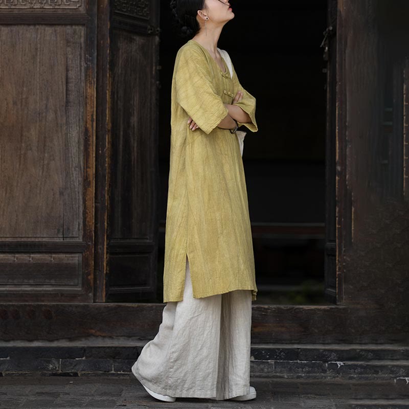 Buddha Stones Ręcznie Farbowane Tie Dye Ramie Len Żaba-Guzik Sukienka Midi Szerokie Spodnie Nogawki Z Kieszeniami - image 25