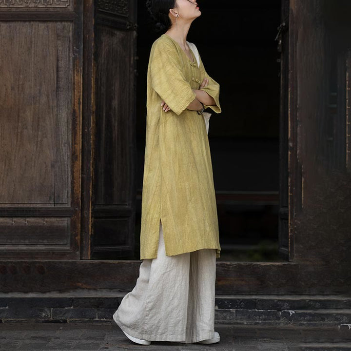 Buddha Stones Ręcznie Farbowane Tie Dye Ramie Len Żaba-Guzik Sukienka Midi Szerokie Spodnie Nogawki Z Kieszeniami - image 25