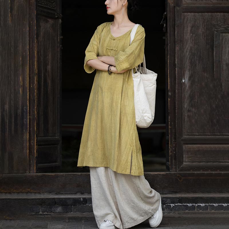 Buddha Stones Ręcznie Farbowane Tie Dye Ramie Len Żaba-Guzik Sukienka Midi Szerokie Spodnie Nogawki Z Kieszeniami - image 26