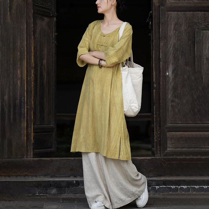 Buddha Stones Ręcznie Farbowane Tie Dye Ramie Len Żaba-Guzik Sukienka Midi Szerokie Spodnie Nogawki Z Kieszeniami - image 26