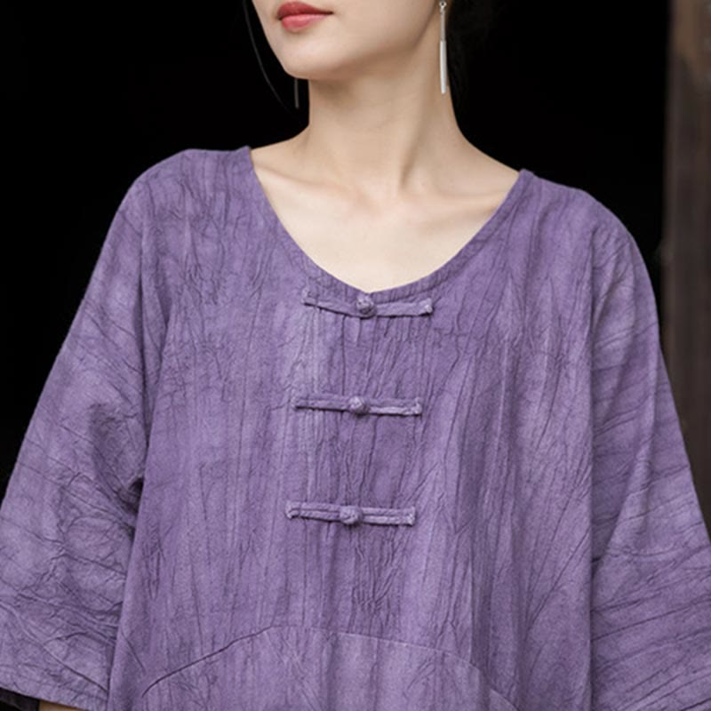 Buddha Stones Ręcznie Farbowane Tie Dye Ramie Len Żaba-Guzik Sukienka Midi Szerokie Spodnie Nogawki Z Kieszeniami - image 10