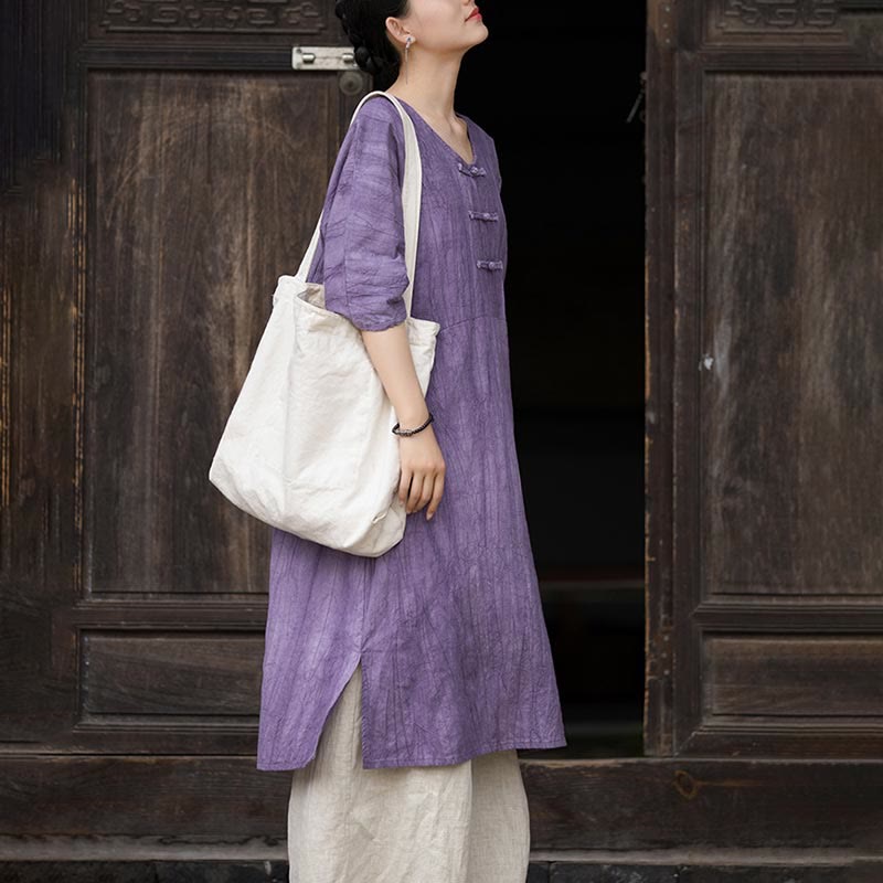 Buddha Stones Ręcznie Farbowane Tie Dye Ramie Len Żaba-Guzik Sukienka Midi Szerokie Spodnie Nogawki Z Kieszeniami - image 8