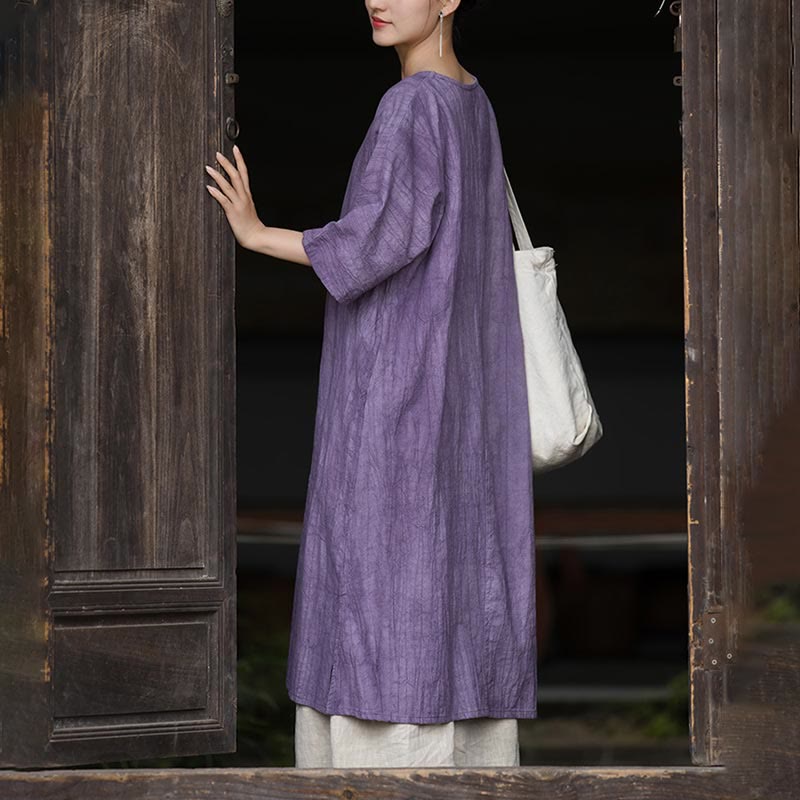 Buddha Stones Ręcznie Farbowane Tie Dye Ramie Len Żaba-Guzik Sukienka Midi Szerokie Spodnie Nogawki Z Kieszeniami - image 9