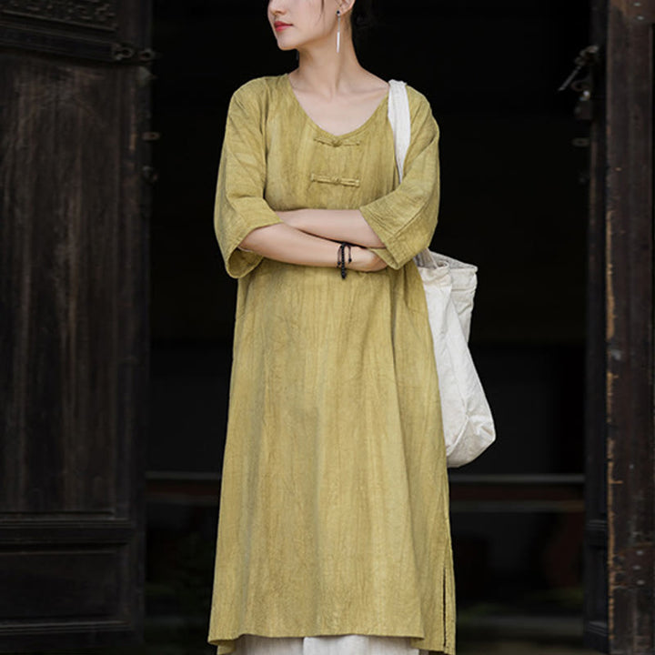 Buddha Stones Ręcznie Farbowane Tie Dye Ramie Len Żaba-Guzik Sukienka Midi Szerokie Spodnie Nogawki Z Kieszeniami - Żółta sukienka (tylko sukienka) - US4-8/10, UK/AU8-12/14, EU36-40/42 (F) - image 28