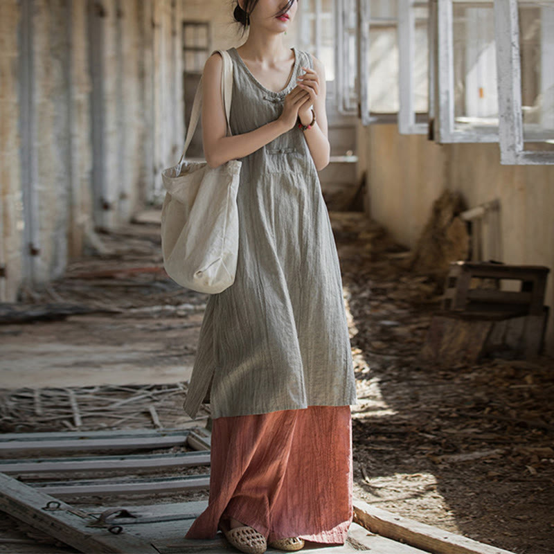 Buddha Stones Guzik Bez Rękawów Cami Midi Sukienka Ramie Lniane Spodnie Szerokie Nogawki Z Kieszeniami - Lniana sukienka i czerwone spodnie - US4-8/10, UK/AU8-12/14, EU36-40/42 (F) - image 11