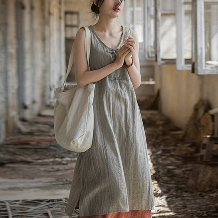 Buddha Stones Guzik Bez Rękawów Cami Midi Sukienka Ramie Lniane Spodnie Szerokie Nogawki Z Kieszeniami - Sukienka lniana (tylko sukienka) - US4-8/10, UK/AU8-12/14, EU36-40/42 (F) - image 14