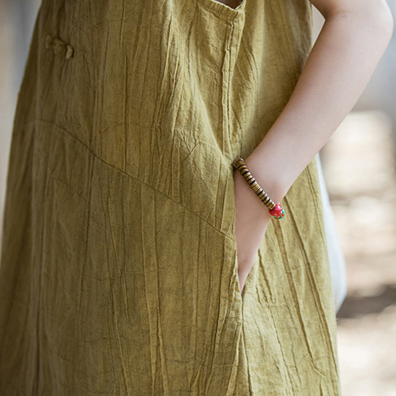 Buddha Stones Guzik Bez Rękawów Cami Midi Sukienka Ramie Lniane Spodnie Szerokie Nogawki Z Kieszeniami - image 9