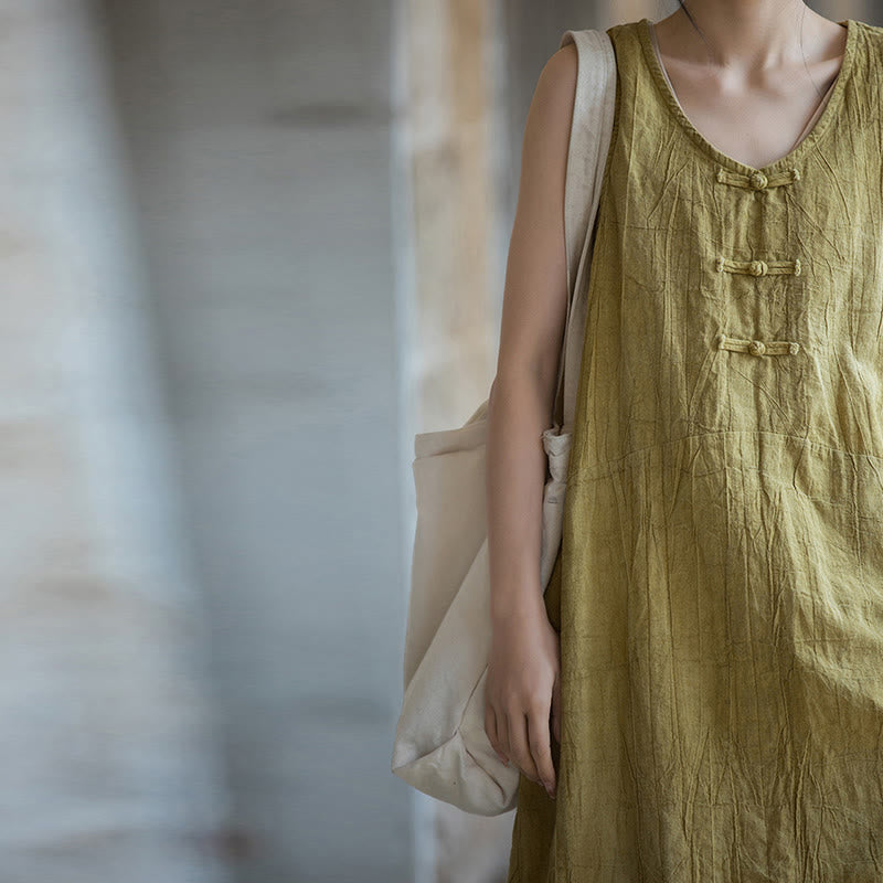 Buddha Stones Guzik Bez Rękawów Cami Midi Sukienka Ramie Lniane Spodnie Szerokie Nogawki Z Kieszeniami - image 8