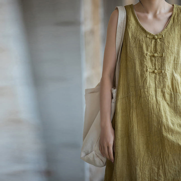 Buddha Stones Guzik Bez Rękawów Cami Midi Sukienka Ramie Lniane Spodnie Szerokie Nogawki Z Kieszeniami - image 8