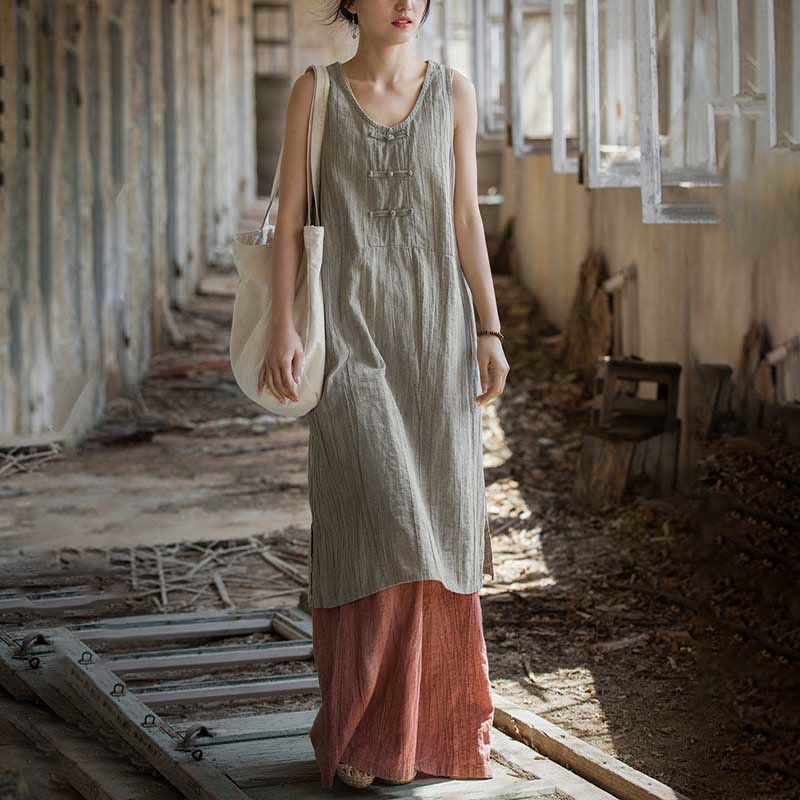 Sukienka damska z ramii, bez rękawów, do kolan, z kieszeniami, z Buddha Stones, żabą i guzikami - image 12