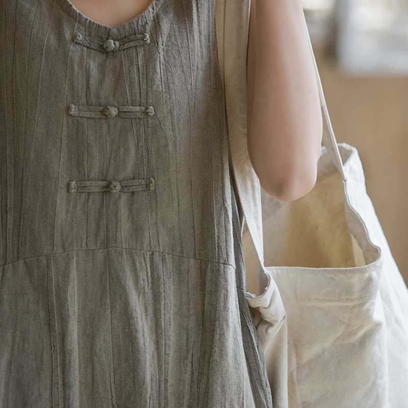 Buddha Stones Guzik Bez Rękawów Cami Midi Sukienka Ramie Lniane Spodnie Szerokie Nogawki Z Kieszeniami - image 16