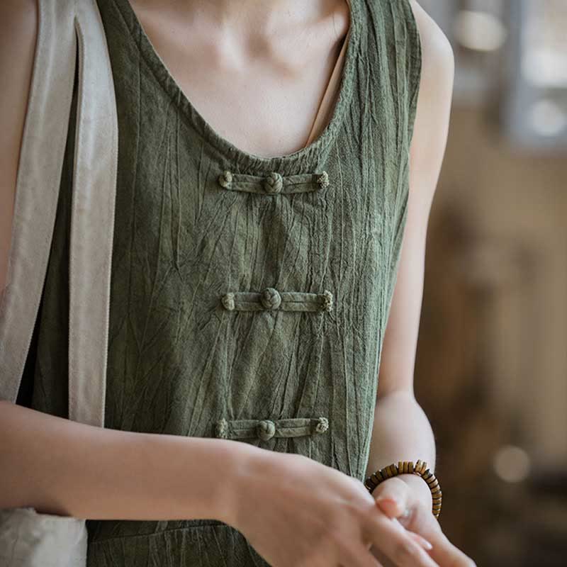 Buddha Stones Guzik Bez Rękawów Cami Midi Sukienka Ramie Lniane Spodnie Szerokie Nogawki Z Kieszeniami - image 24