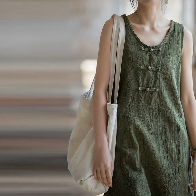 Buddha Stones Guzik Bez Rękawów Cami Midi Sukienka Ramie Lniane Spodnie Szerokie Nogawki Z Kieszeniami - image 25