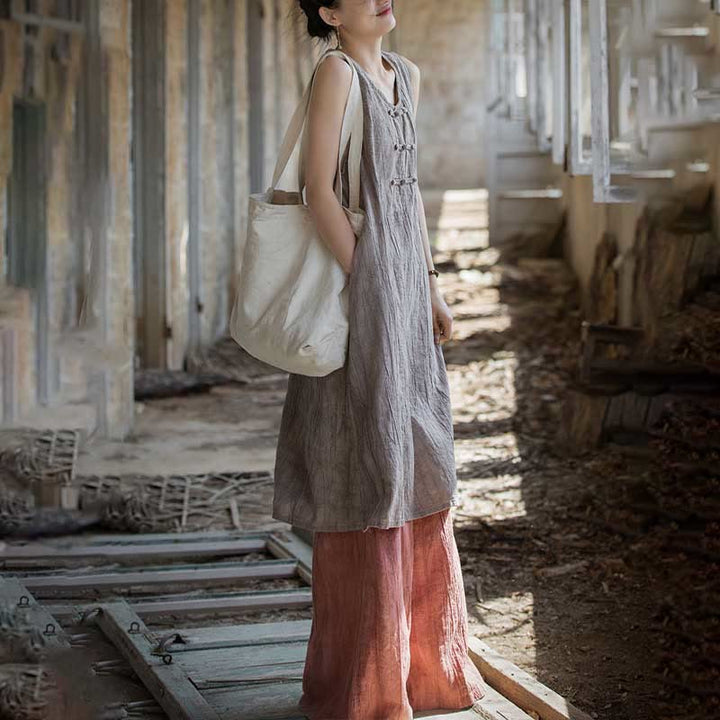 Buddha Stones Guzik Bez Rękawów Cami Midi Sukienka Ramie Lniane Spodnie Szerokie Nogawki Z Kieszeniami - image 28