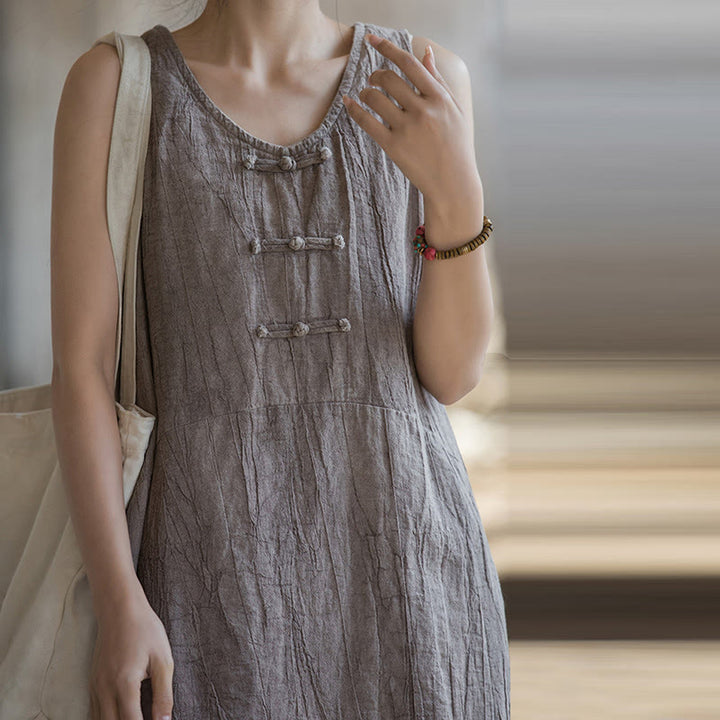 Buddha Stones Guzik Bez Rękawów Cami Midi Sukienka Ramie Lniane Spodnie Szerokie Nogawki Z Kieszeniami - image 32