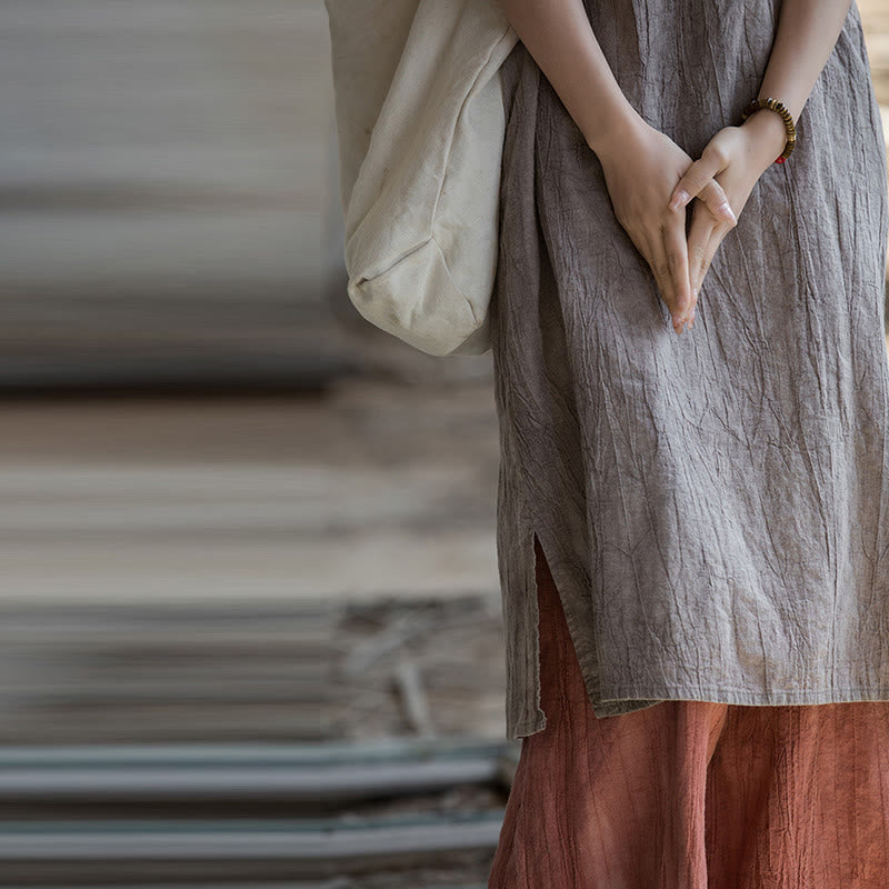 Buddha Stones Guzik Bez Rękawów Cami Midi Sukienka Ramie Lniane Spodnie Szerokie Nogawki Z Kieszeniami - image 33