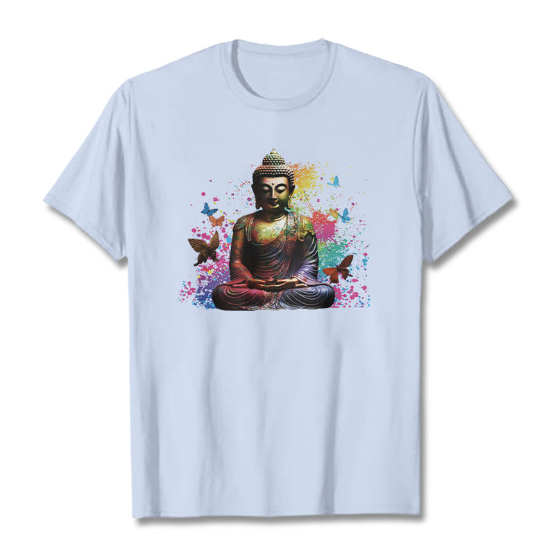Buddha Stones Kolorowy Motyl Latający Medytacja Budda Koszulka T-shirt - Jasnoniebieski - 2XL - image 17