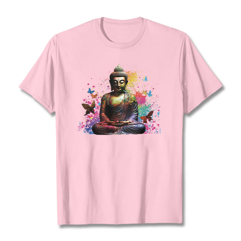 Buddha Stones Kolorowy Motyl Latający Medytacja Budda Koszulka T-shirt - Jasnoróżowy - 2XL - image 12