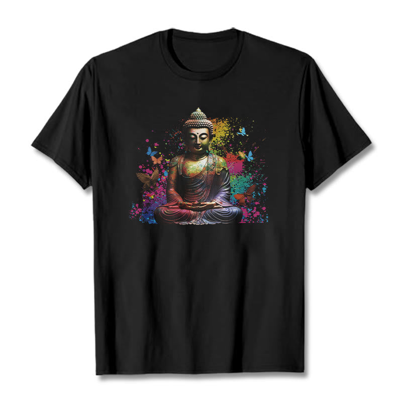 Buddha Stones Kolorowy Motyl Latający Medytacja Budda Koszulka T-shirt - Czarny - 2XL - image 0