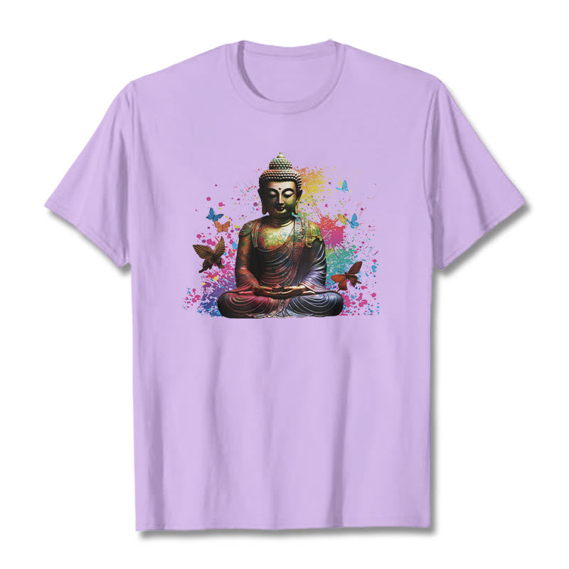 Buddha Stones Kolorowy Motyl Latający Medytacja Budda Koszulka T-shirt - Śliwka - 2XL - image 16