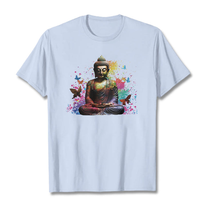 Buddha Stones Kolorowy Motyl Latający Medytacja Budda Koszulka T-shirt - Jasnoniebieski - 2XL - image 18