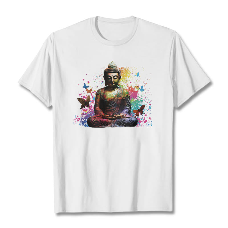 Buddha Stones Kolorowy Motyl Latający Medytacja Budda Koszulka T-shirt - Biały - 2XL - image 5