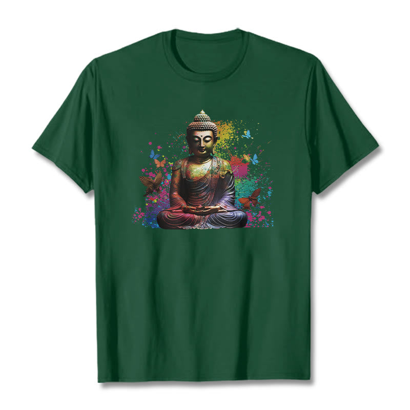 Buddha Stones Kolorowy Motyl Latający Medytacja Budda Koszulka T-shirt - ForestGreen - 2XL - image 10