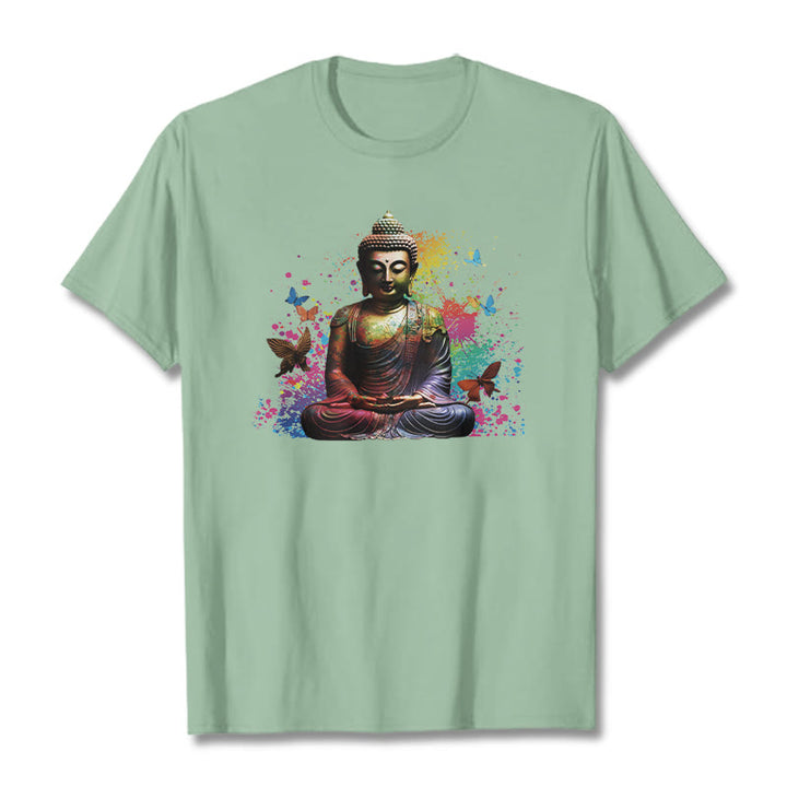 Buddha Stones Kolorowy Motyl Latający Medytacja Budda Koszulka T-shirt - PaleGreen - 2XL - image 13